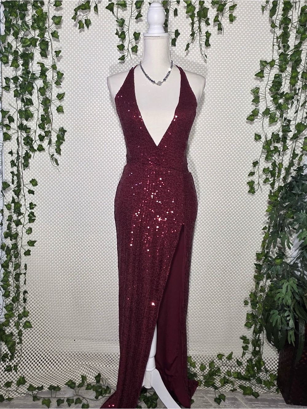 Fashion Nova Burgundy Sequin Halter Plunge Prom Gown